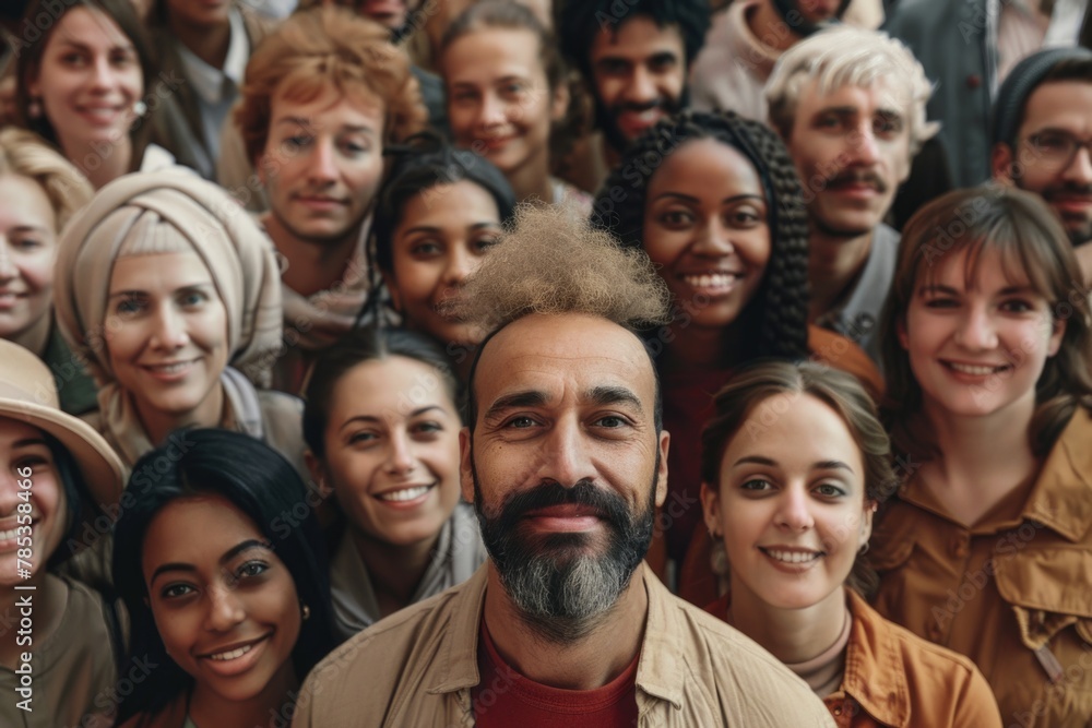 Large group of multiethnic people smiling, diverse crowd portrait.