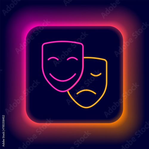 Glowing neon line Comedy and tragedy theatrical masks icon isolated on black background. Colorful outline concept. Vector