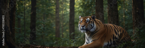 Majestic Tiger Amidst Forest Majesty  Feline Elegance in Wild Natural Habitat. Tiger in forest