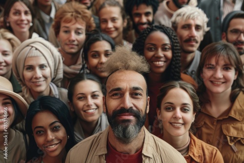 Large group of multiethnic people smiling, diverse crowd portrait.