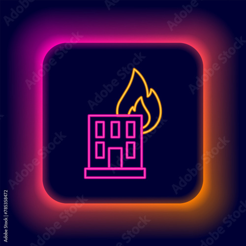 Glowing neon line Fire in burning building on city street icon isolated on black background. Destroyed city on fire. Colorful outline concept. Vector