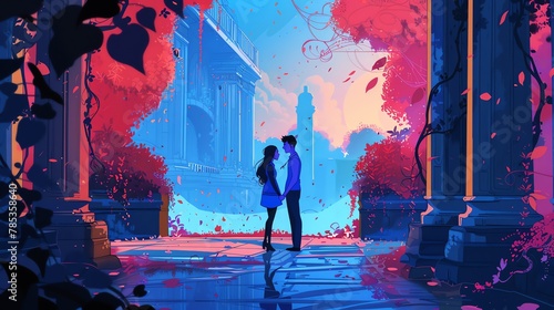 Illustrate a heartwarming romantic story unfolding in a futuristic world powered by blockchain technology Combine traditional art medium with a focus on color theory to evoke emotion and depth in the