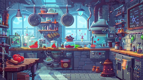 Illustrate a pixel art scene of a whimsical culinary laboratory from a worms eye view, featuring quirky gadgets and fantastical ingredients being concocted into magical dishes by culinary cyborgs, ble