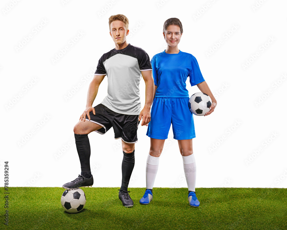 Full length studio shot of a young female and male soccer player isolated on white background.