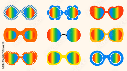 Set of sunglasses with rainbow lenses for pride month. LGBTQ relationships, bisexual and same-sex love concept.
