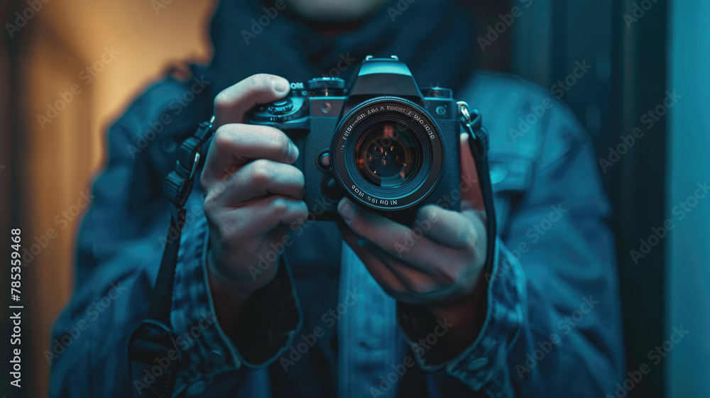 Person holding camera ready to capture - A close-up image highlighting a person holding a camera with a vintage look focusing the lens Person holding camera ready to capture - A close-up image highlighting a person holding a camera with a vintage look focusing the lens