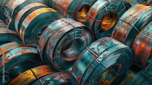 Rusty metal coils in blue and orange tones - A close-up image of intertwined rusty metal coils with a striking blue and orange color scheme that gives a sense of decay and time passage photo