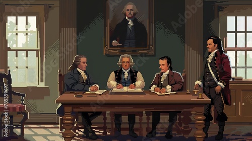 Illustrate the Signing of the Declaration of Independence in pixel art style, fusing historical importance with modern digital rendering techniques, reflecting courage and vision