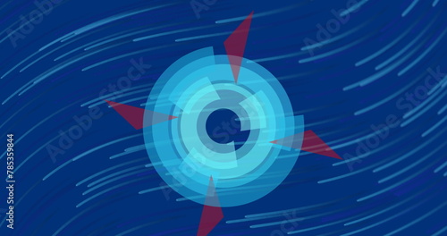 Image of pale blue rings with red sails rotating on a blue background with moving pale blue waves