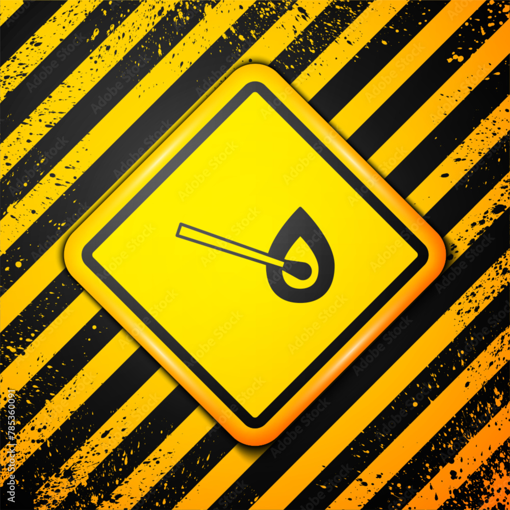 Black Burning match with fire icon isolated on yellow background. Match with fire. Matches sign. Warning sign. Vector Black Burning match with fire icon isolated on yellow background. Match with fire. Matches sign. Warning sign. Vector