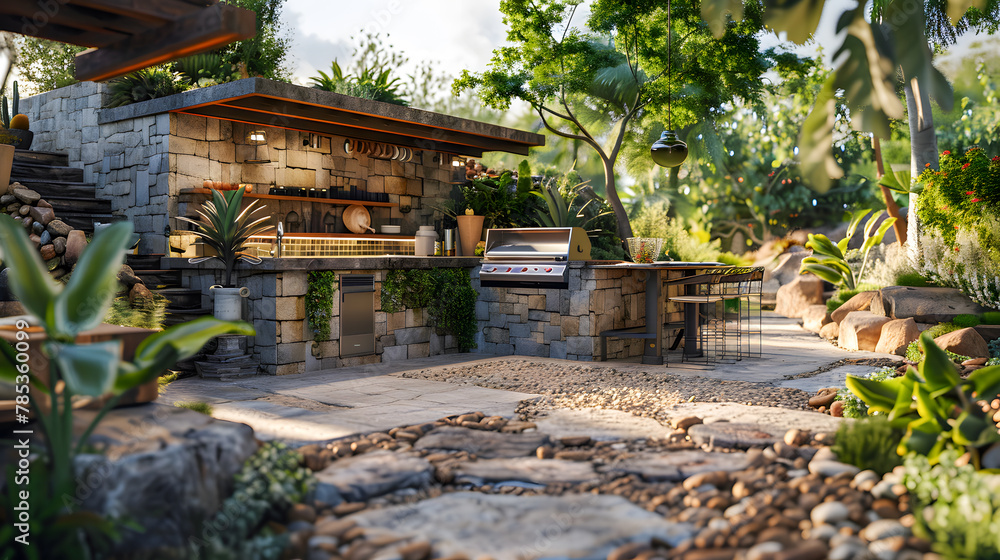 Obraz premium An outdoor entertainment area with a built-in barbecue and a bar setup, many plants