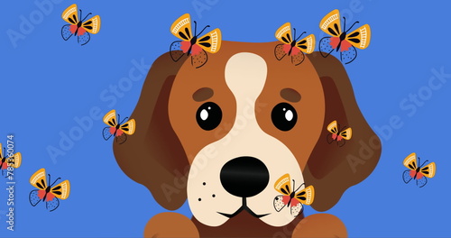 Digital image of multiple butterfly floating over dog face icon on blue background