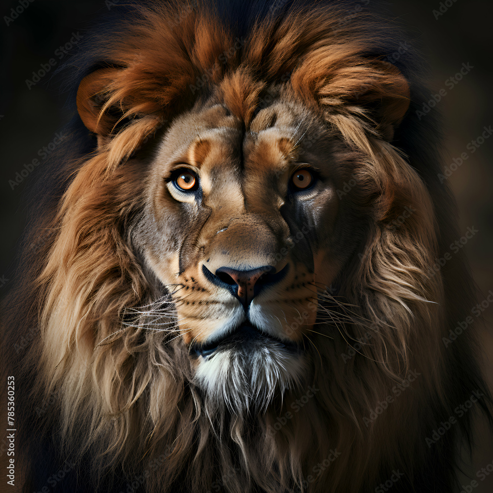 Portrait of a male lion in front of a dark background.