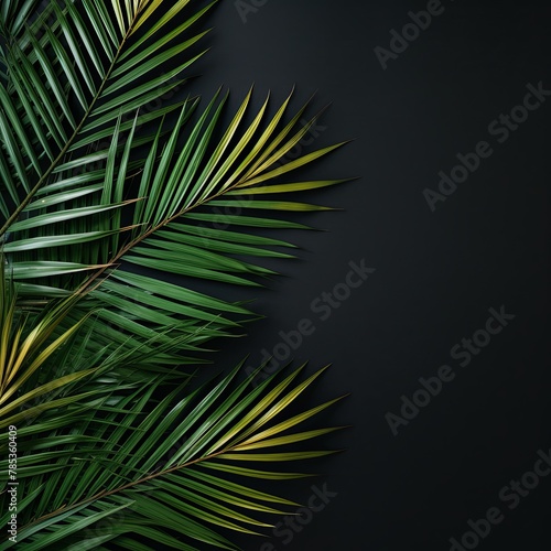 Palm leaf on a black background with copy space for text or design. A flat lay, top view. A summer vacation concept