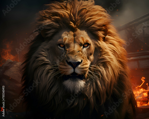 Portrait of a lion in the fire. The concept of wild animals.