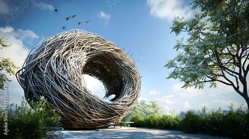 house design in the shape of a bird's nest in the forest. blue sky background © Adja Atmaja