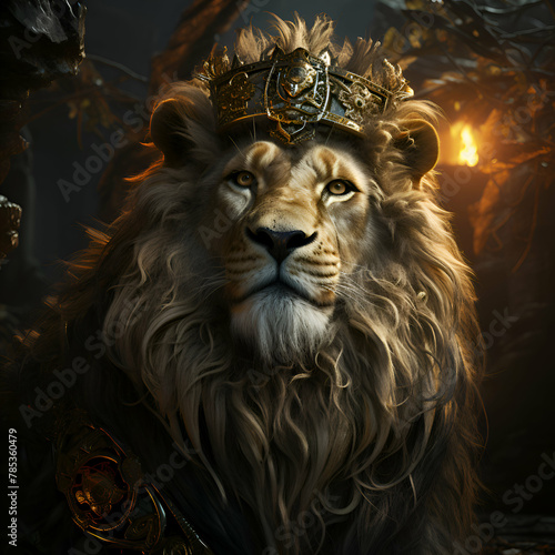 Portrait of a lion king in the dark forest. Fantasy. © Wazir Design