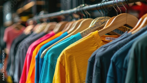 Colorful t-shirts on wooden hangers closeup - A selection of vibrant t-shirts displayed on wooden hangers showcasing variety and fashion retail options