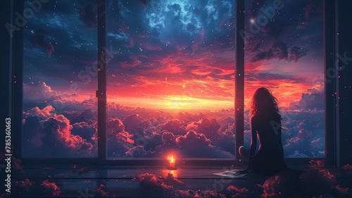 Woman watching sunset from high above - A serene image of a woman sitting by the window gazing at a vivid sunset with clouds below her, a sense of peace