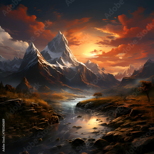 Fantasy landscape with river and mountains at sunset. Digital painting.