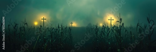 Twilight scene with crosses and eerie fog - A serene twilight scene featuring crosses in a field, enveloped in an ethereal fog, instilling a sense of calm and spirituality