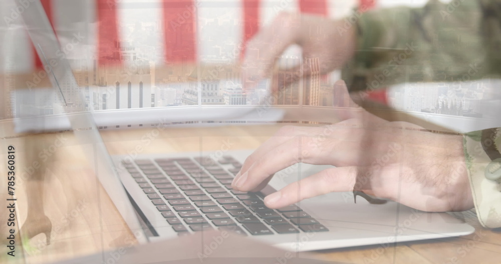 Image of women using laptop over walking people Image of women using laptop over walking people