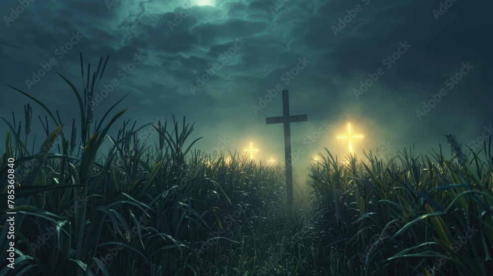Naklejka premium Mysterious cross in a foggy field at night - A solitary cross stands amidst a field, shrouded in fog under a moonlit sky, evoking a sense of mystery and solitude