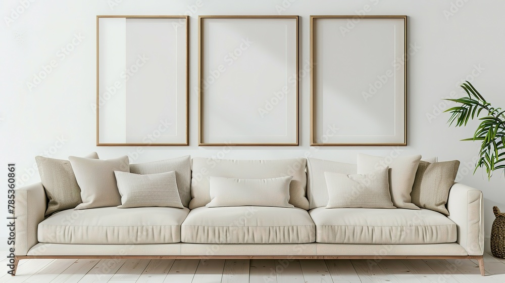 Frame Mockup Wall. Mockup frame in farmhouse living room interior. Interior mockup with rectangular vertical frame hanging on a white textured wall mockup house background. Frame Mockup Wall. Mockup frame in farmhouse living room interior. Interior mockup with rectangular vertical frame hanging on a white textured wall mockup house background.