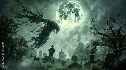 Eerie Shadow Creature Over Haunted Graveyard in Moonlight