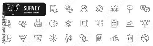 Set of survey related line icons. Feedback, opinion, vote, report, checklist etc. Editable stroke