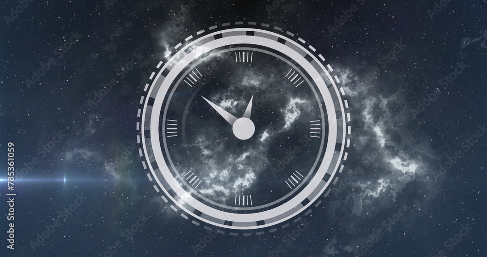 Fototapeta premium Image of clock moving over stars on black background