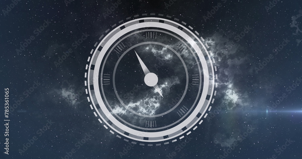 Obraz premium Image of clock moving over stars on black background