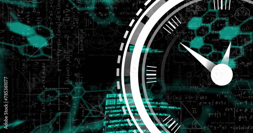 Image of clock moving over scientific data on black background