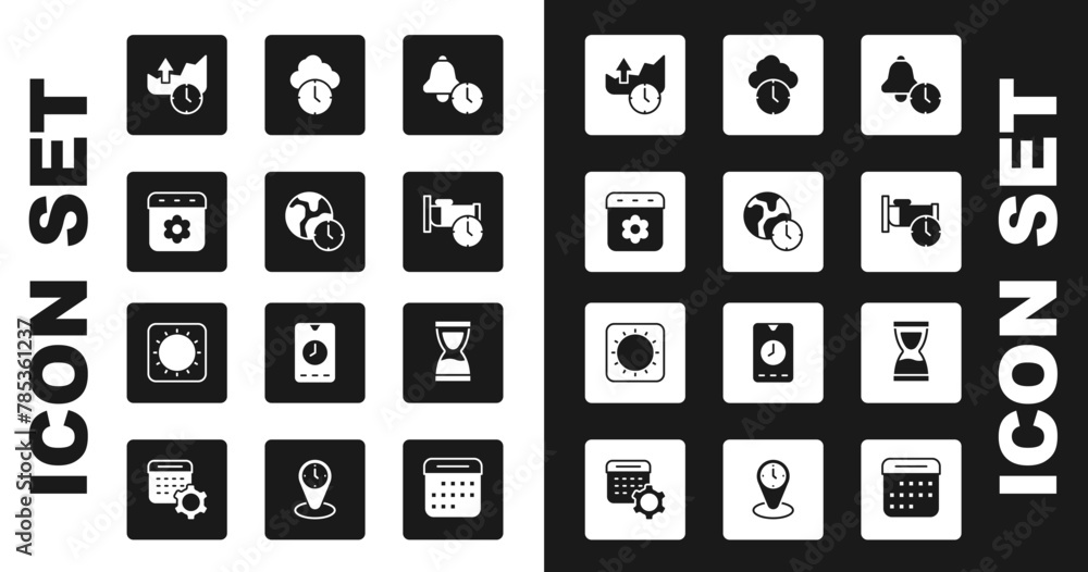 Set Alarm clock, World time, Calendar spring, Stocks market growth graphs, Time sleep, Clock, Old hourglass and Sun icon. Vector Set Alarm clock, World time, Calendar spring, Stocks market growth graphs, Time sleep, Clock, Old hourglass and Sun icon. Vector