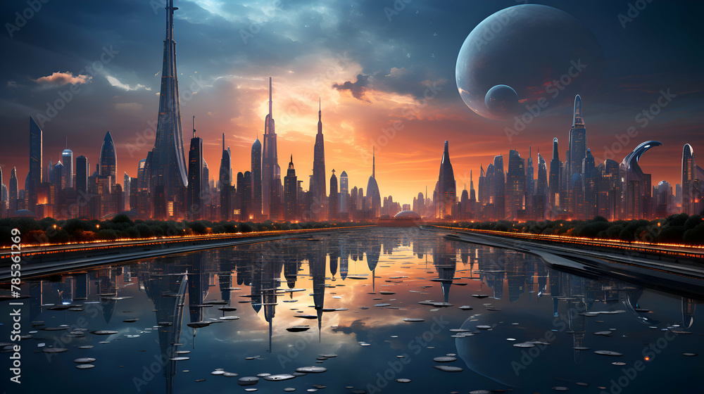 Fototapeta premium night scene of city skyline and skyscrapers