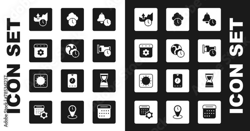 Set Alarm clock, World time, Calendar spring, Stocks market growth graphs, Time sleep, Clock, Old hourglass and Sun icon. Vector