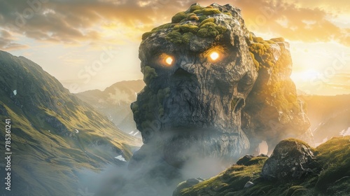 Mystical Sunrise: Stone Golem Overlooking Valley © Newaystock