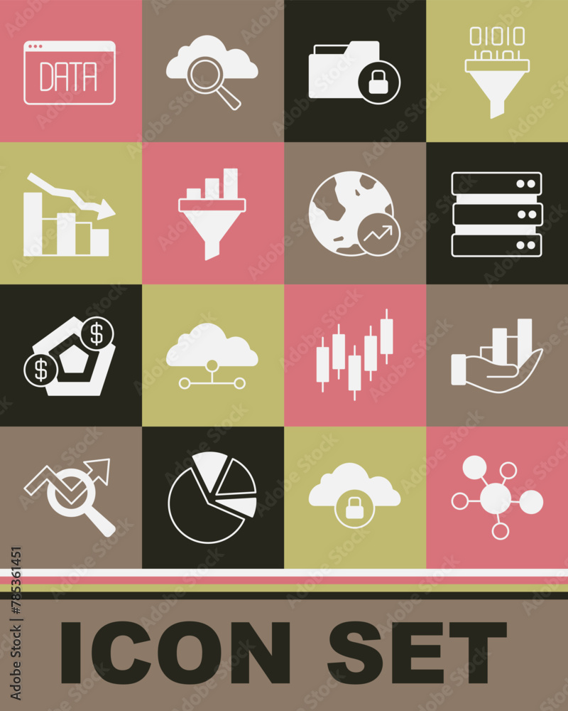 Set Mind map infographic, Pie chart, Server, Folder and lock, Sales funnel with, Financial growth decrease, Data analysis and icon. Vector Set Mind map infographic, Pie chart, Server, Folder and lock, Sales funnel with, Financial growth decrease, Data analysis and icon. Vector