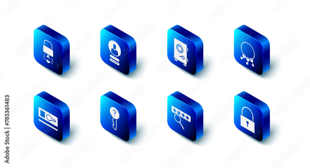 Set Create account screen, Safe, Bunch of keys, Lock, Password protection, Undefined, Key card and broke inside padlock icon. Vector Set Create account screen, Safe, Bunch of keys, Lock, Password protection, Undefined, Key card and broke inside padlock icon. Vector