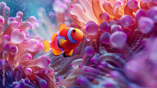 Underwater close-up of a colorful clownfish nestled among the tentacles of a sea anemone photo