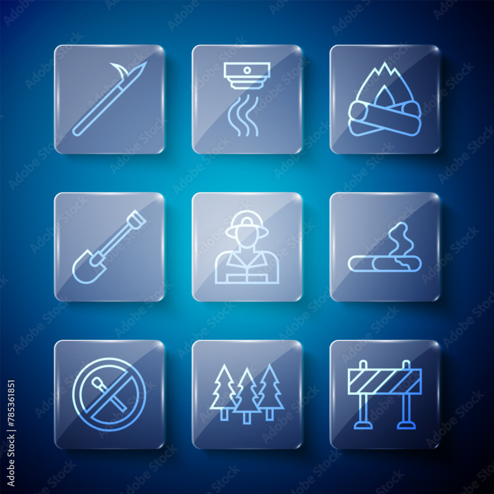 Set line No fire match, Forest, Road barrier, Campfire, Firefighter, shovel, Metal pike pole and Cigarette icon. Vector Set line No fire match, Forest, Road barrier, Campfire, Firefighter, shovel, Metal pike pole and Cigarette icon. Vector