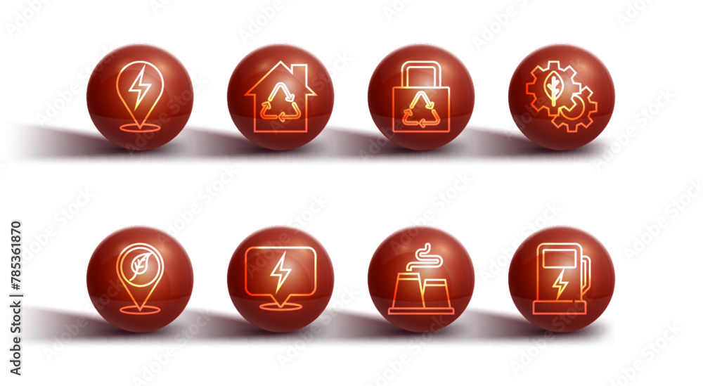 Set line Lightning bolt, Location with leaf, Leaf plant gear machine, Factory, Eco House recycling, Electric car charging station and Paper bag recycle icon. Vector Set line Lightning bolt, Location with leaf, Leaf plant gear machine, Factory, Eco House recycling, Electric car charging station and Paper bag recycle icon. Vector