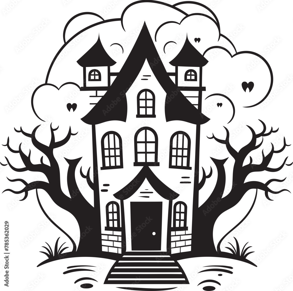 Vector Illustration Conjuring Up a Haunted House Scene for Halloween