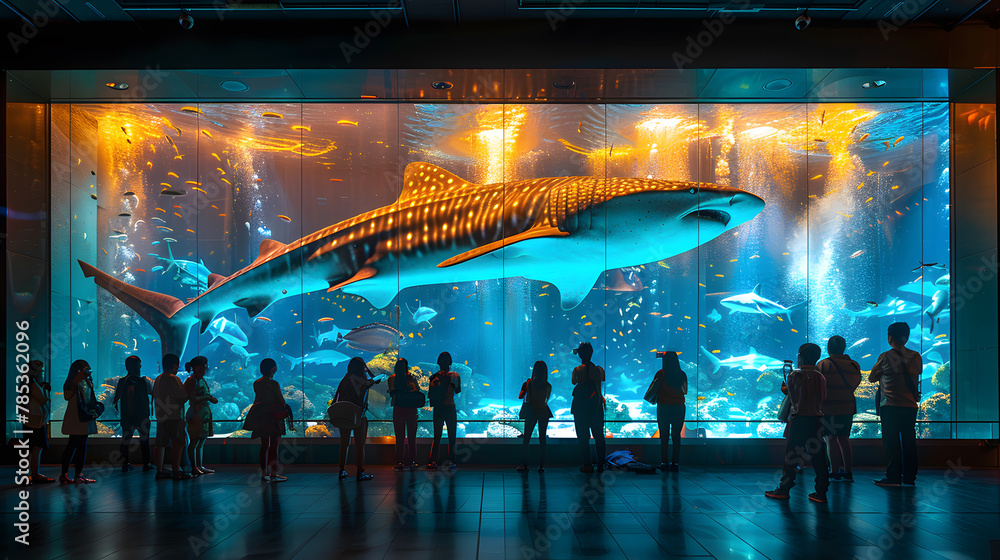 Fototapeta premium Rear silhouette of a person watching whale shark and looking at the variety of sea fish life in Osaka Aquarium Kaiyukan. Whale shark swim in one of the largest aquarium