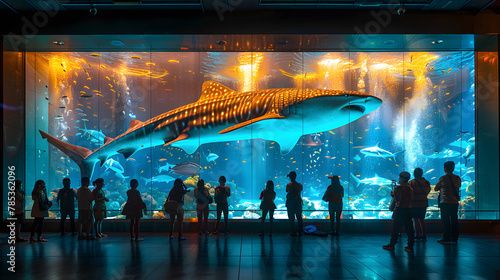 Rear silhouette of a person watching whale shark and looking at the variety of sea fish life in Osaka Aquarium Kaiyukan. Whale shark swim in one of the largest aquarium