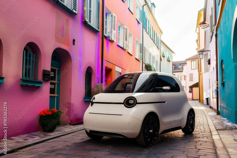 Compact electric car with the playfulness of puppies, parked in a colorful urban environment, bright morning light enhancing the vibrant setting