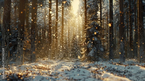 Snow falling in the forest, sun shining through trees,, beautiful winter landscape, christmas concept. © grigoryepremyan