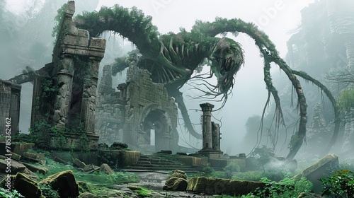 Fantasy Monster Plant in Misty Forest Ruins Stock Picture