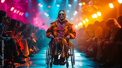 Fashion Show with Wheelchair Model Strutting Down the Runway Under Bold, Colorful Lights, Exuding Confidence and Style. photo