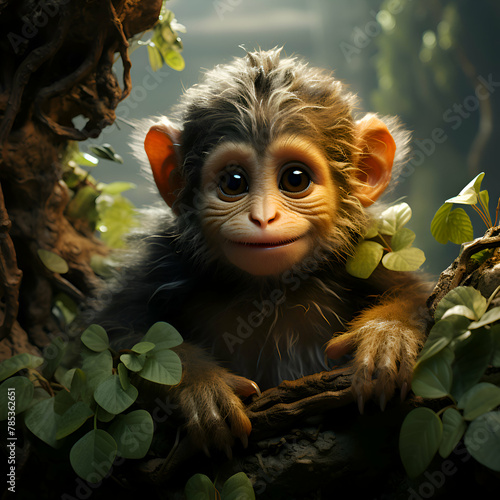 Portrait of a cute little monkey in the jungle.